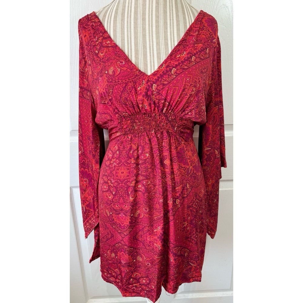 Karma Highway Paisley Kimono Sleeve Smocked Boho Dress O/S